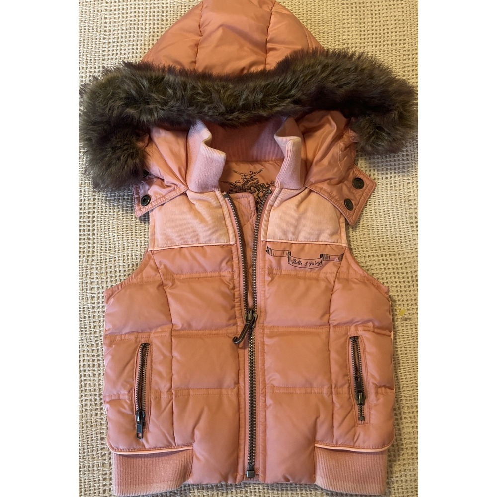 Juicy Couture Puffy Vest Peach Pink Zip Hood Removable Faux Fur Size 2